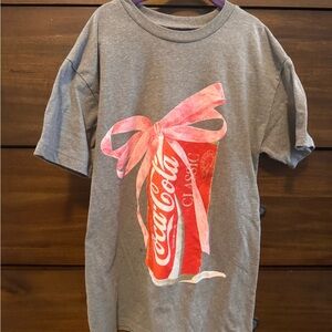 Coca Cola Graphic T Shirt Small Gray Pink Bow Bottle Logo Tee
